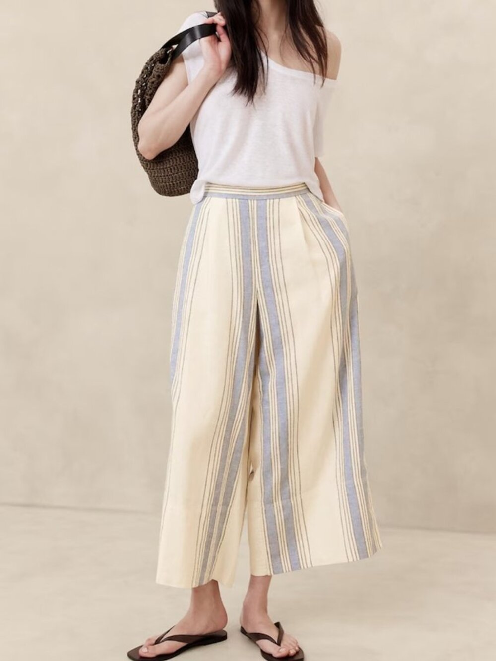 Banana Republic Linen Blend High Rise Cropped Striped Wide Leg Pants Pockets, M